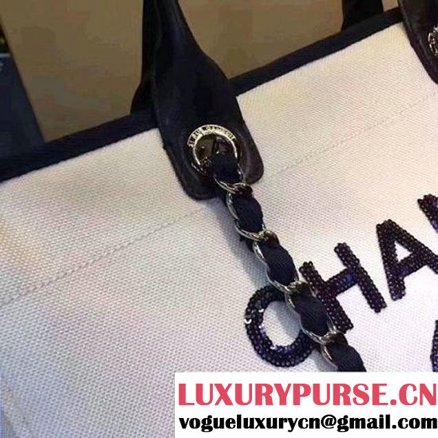 Chanel Toile Large Deauville Canvas Shopping Bag White with Sequin 2017 (142-7060851 )