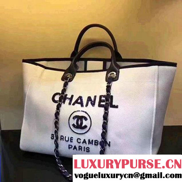 Chanel Toile Large Deauville Canvas Shopping Bag White with Sequin 2017 (142-7060851 )