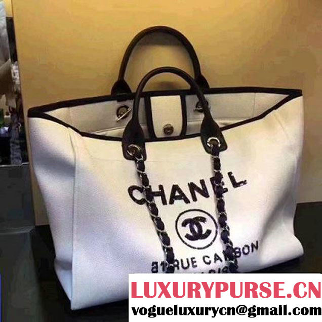 Chanel Toile Large Deauville Canvas Shopping Bag White with Sequin 2017 (142-7060851 )