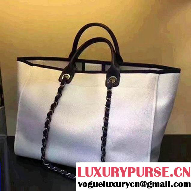Chanel Toile Large Deauville Canvas Shopping Bag White with Sequin 2017 (142-7060851 )