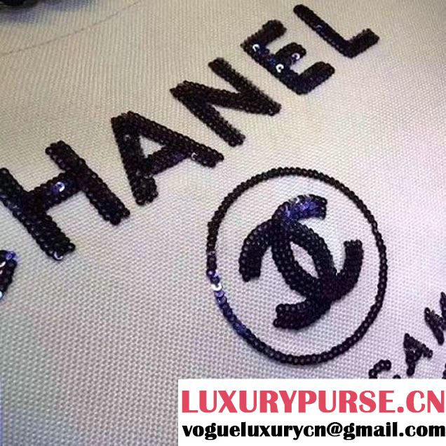 Chanel Toile Large Deauville Canvas Shopping Bag White with Sequin 2017 (142-7060851 )