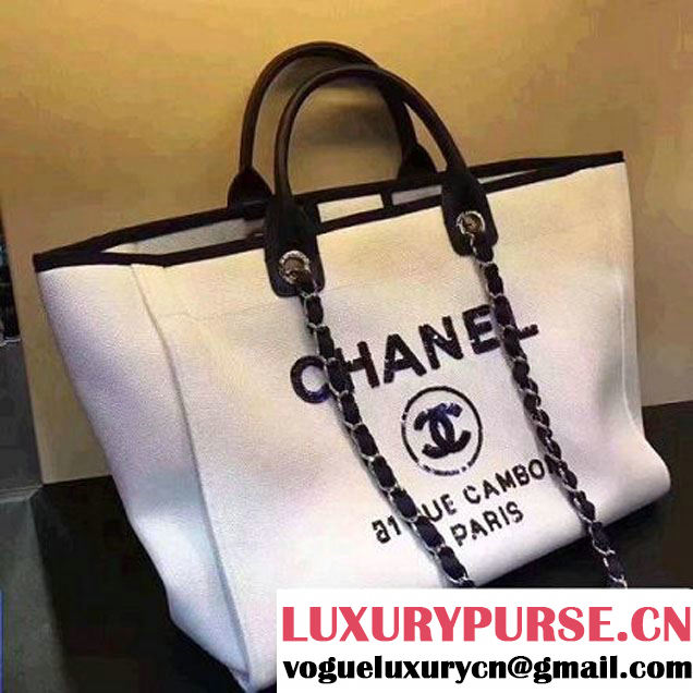 Chanel Toile Large Deauville Canvas Shopping Bag White with Sequin 2017 (142-7060851 )