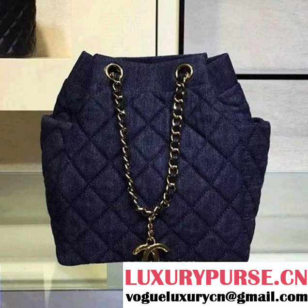 Chanel A91136 Small Washed Denim Dark Blue Drawstring Bag Pre-S/S 2016 (2A143-6030312 )