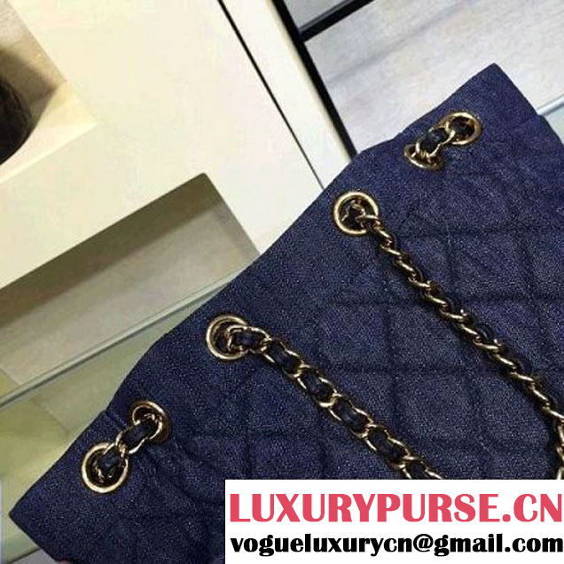 Chanel A91136 Small Washed Denim Dark Blue Drawstring Bag Pre-S/S 2016 (2A143-6030312 )