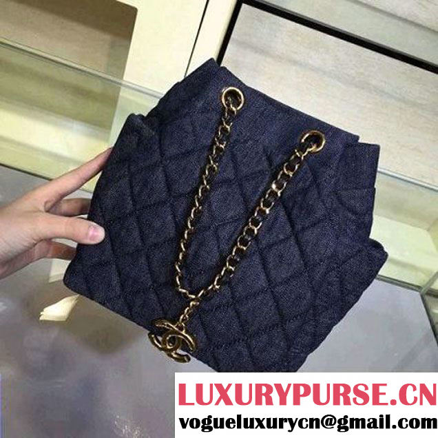 Chanel A91136 Small Washed Denim Dark Blue Drawstring Bag Pre-S/S 2016 (2A143-6030312 )