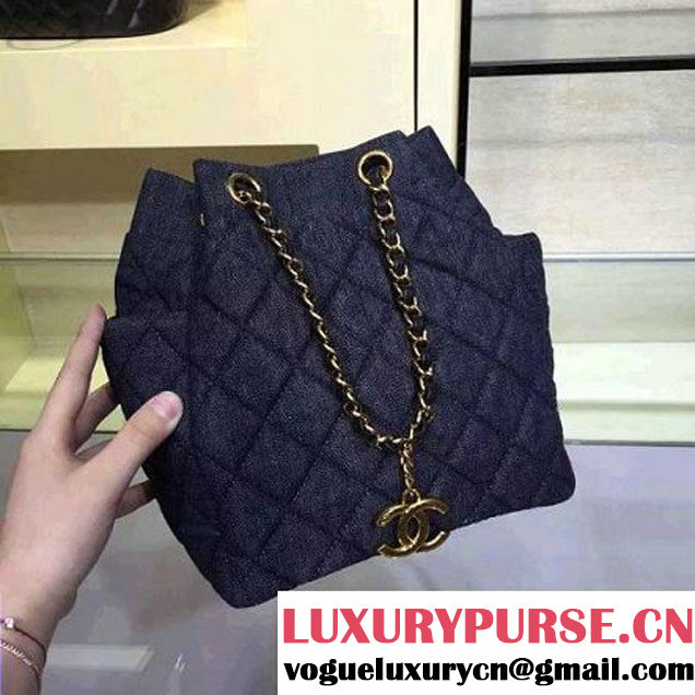 Chanel A91136 Small Washed Denim Dark Blue Drawstring Bag Pre-S/S 2016 (2A143-6030312 )