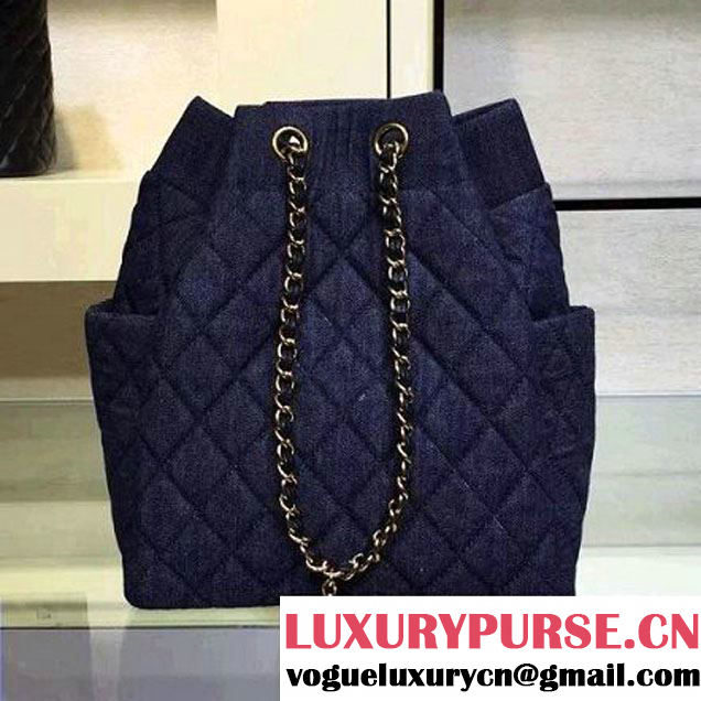 Chanel A91135 Large Washed Denim Dark Blue Drawstring Bag Pre-S/S 2016 (2A143-6030313 )