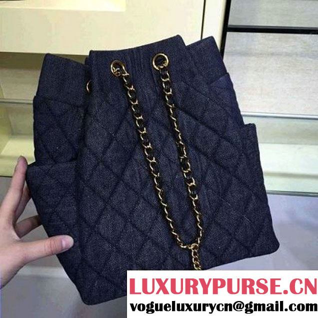 Chanel A91135 Large Washed Denim Dark Blue Drawstring Bag Pre-S/S 2016 (2A143-6030313 )