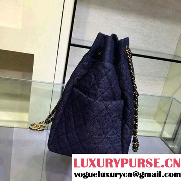 Chanel A91135 Large Washed Denim Dark Blue Drawstring Bag Pre-S/S 2016 (2A143-6030313 )