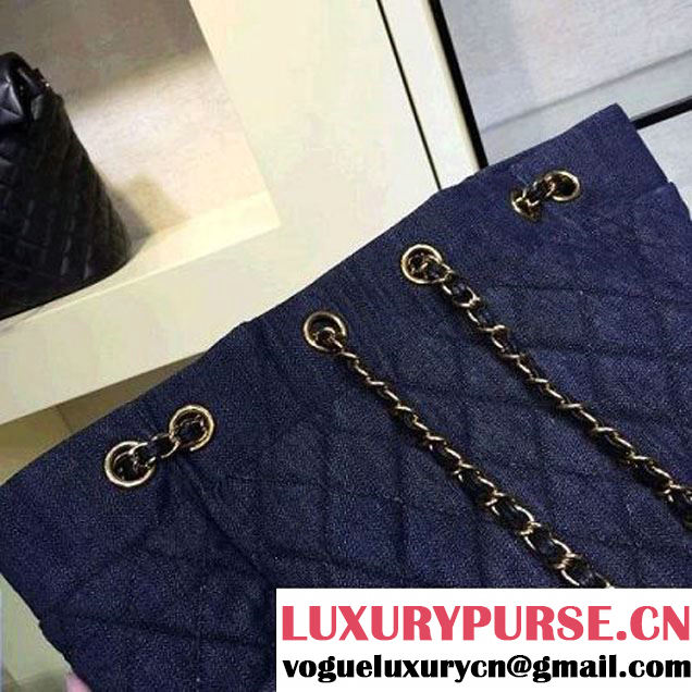 Chanel A91135 Large Washed Denim Dark Blue Drawstring Bag Pre-S/S 2016 (2A143-6030313 )