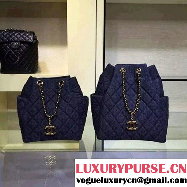 Chanel A91135 Large Washed Denim Dark Blue Drawstring Bag Pre-S/S 2016 (2A143-6030313 )