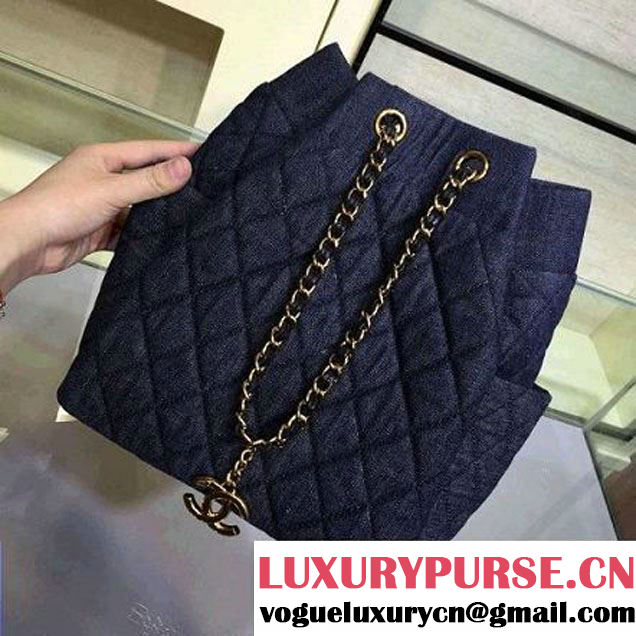 Chanel A91135 Large Washed Denim Dark Blue Drawstring Bag Pre-S/S 2016 (2A143-6030313 )