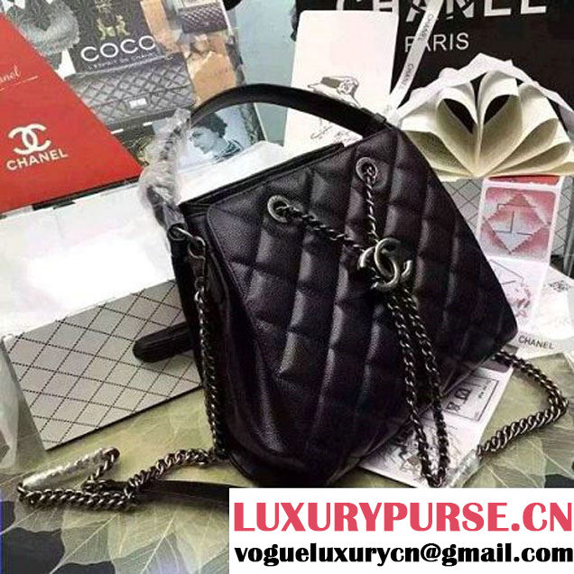 Chanel Small Single Top Handle CC Drawstring Bucket Bag Caviar Leather Black 2016 (2A057-6052307 )