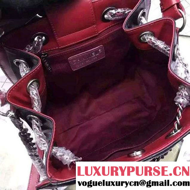 Chanel Small Single Top Handle CC Drawstring Bucket Bag Carviar Leather Black/Red 2016 (2A057-6052308 )