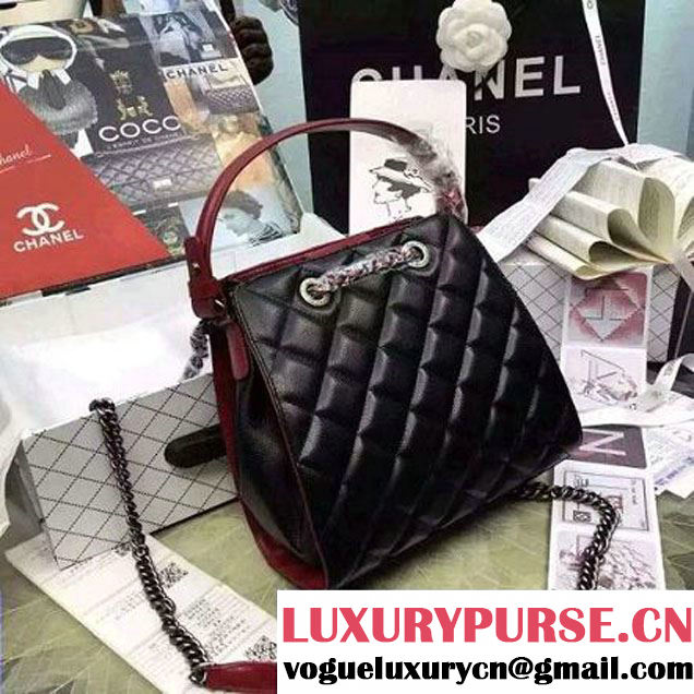 Chanel Small Single Top Handle CC Drawstring Bucket Bag Carviar Leather Black/Red 2016 (2A057-6052308 )