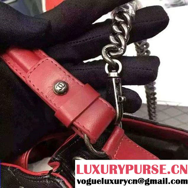 Chanel Small Single Top Handle CC Drawstring Bucket Bag Carviar Leather Black/Red 2016 (2A057-6052308 )