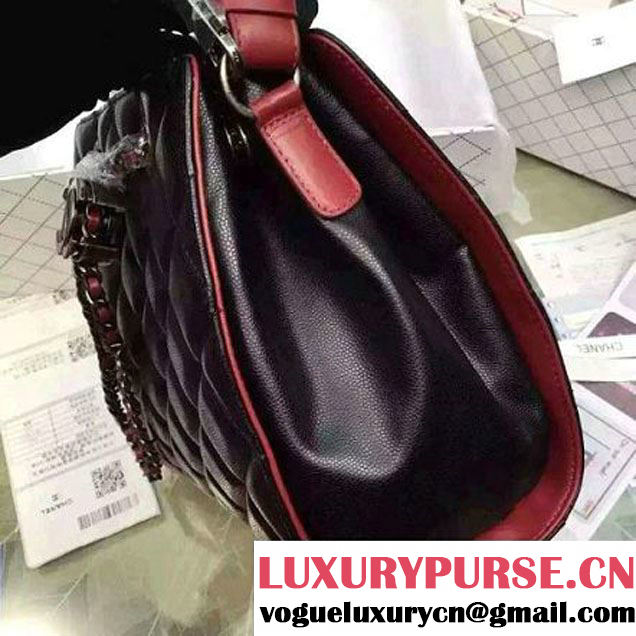 Chanel Small Single Top Handle CC Drawstring Bucket Bag Carviar Leather Black/Red 2016 (2A057-6052308 )