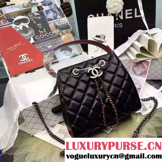 Chanel Small Single Top Handle CC Drawstring Bucket Bag Carviar Leather Black/Red 2016 (2A057-6052308 )