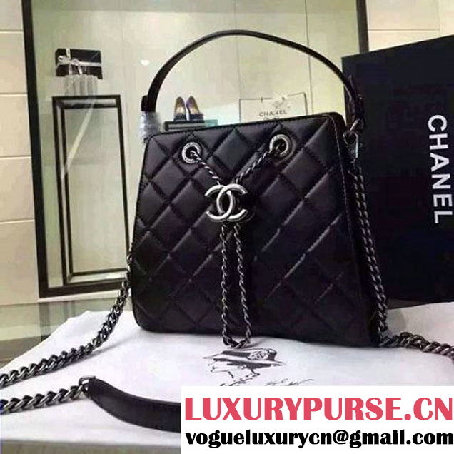 Chanel Small Single Top Handle CC Drawstring Bucket Bag Lambskin Black 2016 (2A057-6052309 )