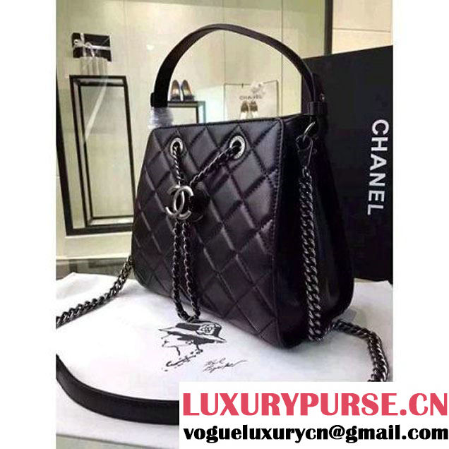Chanel Small Single Top Handle CC Drawstring Bucket Bag Lambskin Black 2016 (2A057-6052309 )