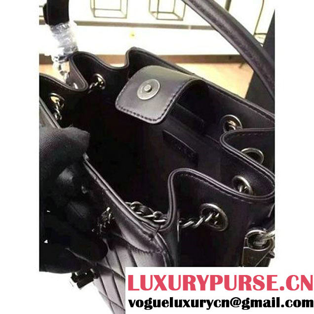Chanel Small Single Top Handle CC Drawstring Bucket Bag Lambskin Black 2016 (2A057-6052309 )