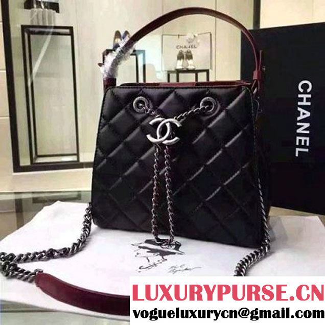 Chanel Small Single Top Handle CC Drawstring Bucket Bag Lambskin Black/Red 2016 (2A057-6052310 )