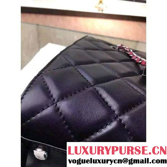 Chanel Small Single Top Handle CC Drawstring Bucket Bag Lambskin Black/Red 2016 (2A057-6052310 )