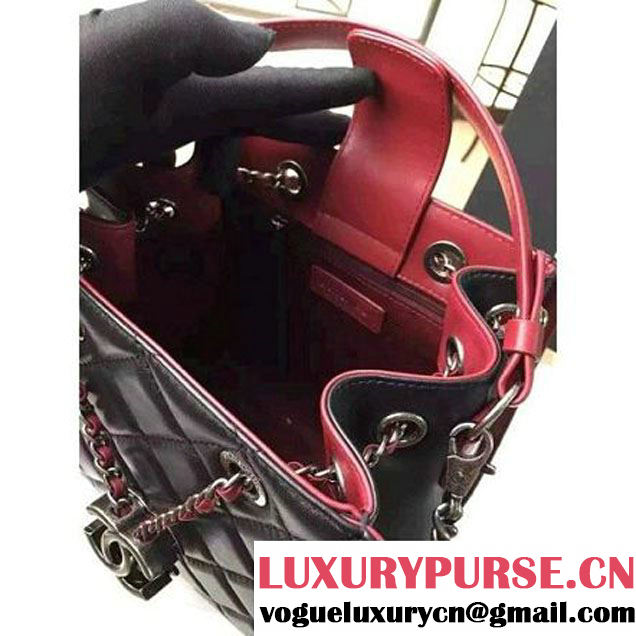 Chanel Small Single Top Handle CC Drawstring Bucket Bag Lambskin Black/Red 2016 (2A057-6052310 )