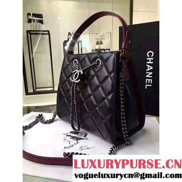 Chanel Small Single Top Handle CC Drawstring Bucket Bag Lambskin Black/Red 2016 (2A057-6052310 )