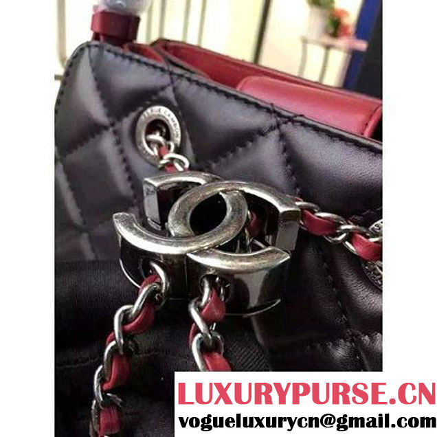 Chanel Small Single Top Handle CC Drawstring Bucket Bag Lambskin Black/Red 2016 (2A057-6052310 )