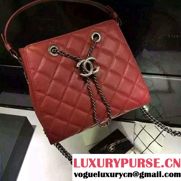 Chanel Small Single Top Handle CC Drawstring Bucket Bag Caviar Leather Red 2016 (2A057-6052312 )