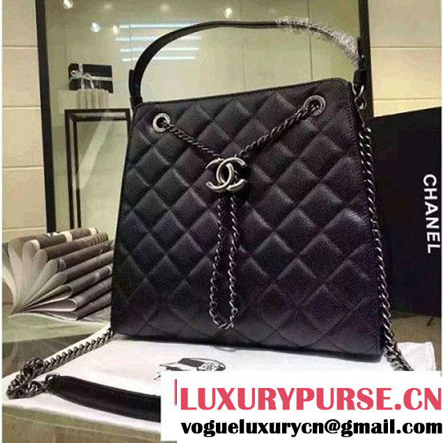 Chanel Large Single Top Handle CC Drawstring Bucket Bag Caviar Leather Black 2016 (2A057-6052313 )