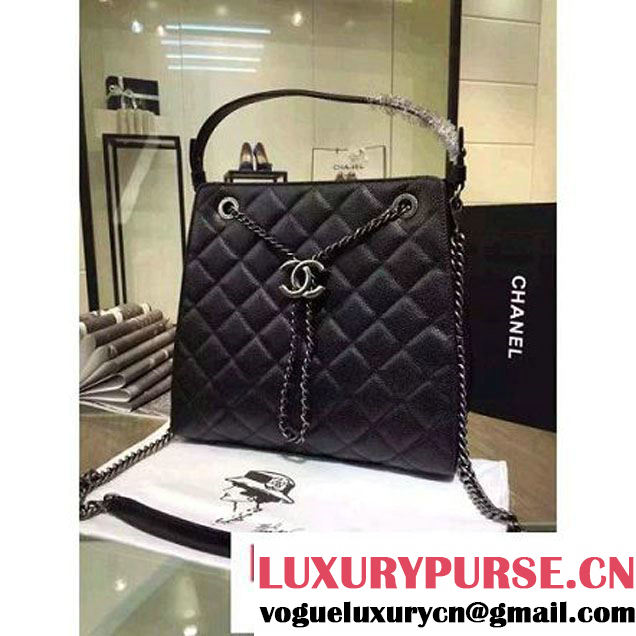 Chanel Large Single Top Handle CC Drawstring Bucket Bag Caviar Leather Black 2016 (2A057-6052313 )