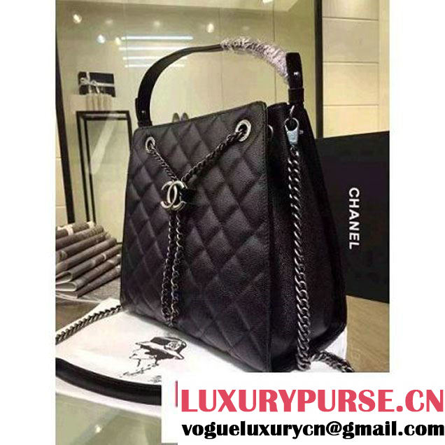 Chanel Large Single Top Handle CC Drawstring Bucket Bag Caviar Leather Black 2016 (2A057-6052313 )
