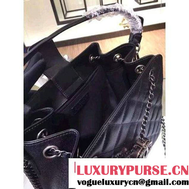Chanel Large Single Top Handle CC Drawstring Bucket Bag Caviar Leather Black 2016 (2A057-6052313 )