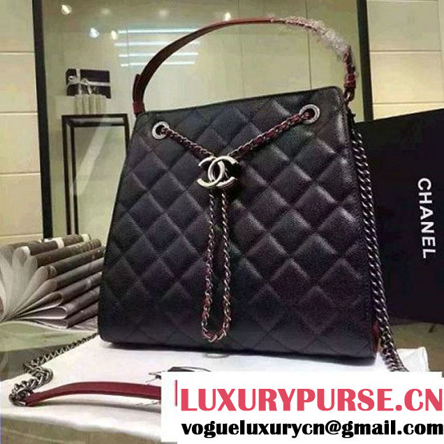 Chanel Large Single Top Handle CC Drawstring Bucket Bag Caviar Black/Red 2016 (2A057-6052314 )