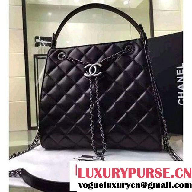 Chanel Large Single Top Handle CC Drawstring Bucket Bag Lambskin Black 2016 (2A057-6052515 )