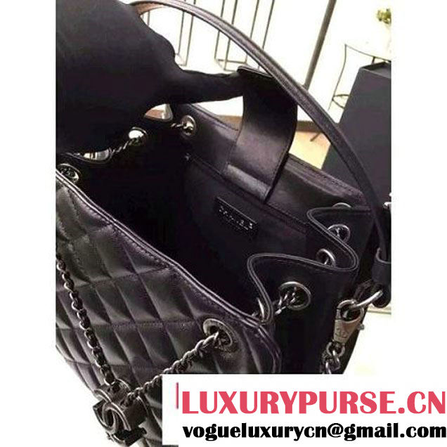 Chanel Large Single Top Handle CC Drawstring Bucket Bag Lambskin Black 2016 (2A057-6052515 )