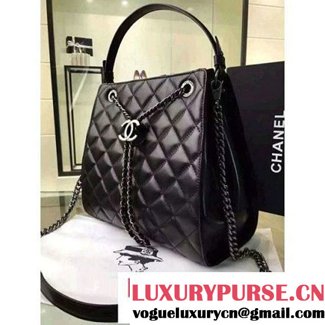 Chanel Large Single Top Handle CC Drawstring Bucket Bag Lambskin Black 2016 (2A057-6052515 )