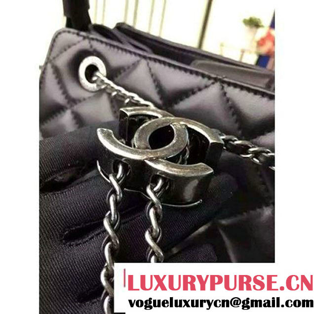 Chanel Large Single Top Handle CC Drawstring Bucket Bag Lambskin Black 2016 (2A057-6052515 )