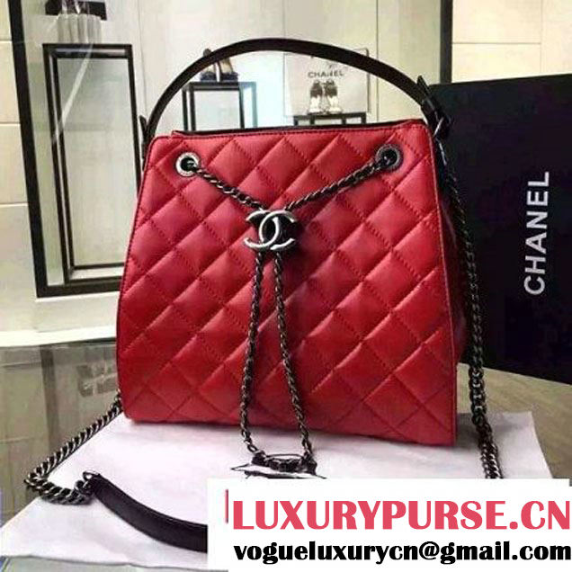 Chanel Large Single Top Handle CC Drawstring Bucket Bag Lambskin Red 2016 (2A057-6052516 )