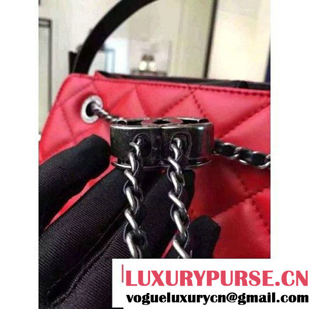 Chanel Large Single Top Handle CC Drawstring Bucket Bag Lambskin Red 2016 (2A057-6052516 )
