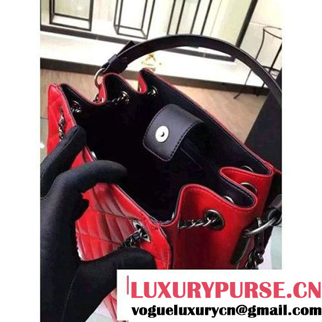 Chanel Large Single Top Handle CC Drawstring Bucket Bag Lambskin Red 2016 (2A057-6052516 )