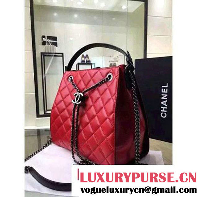 Chanel Large Single Top Handle CC Drawstring Bucket Bag Lambskin Red 2016 (2A057-6052516 )