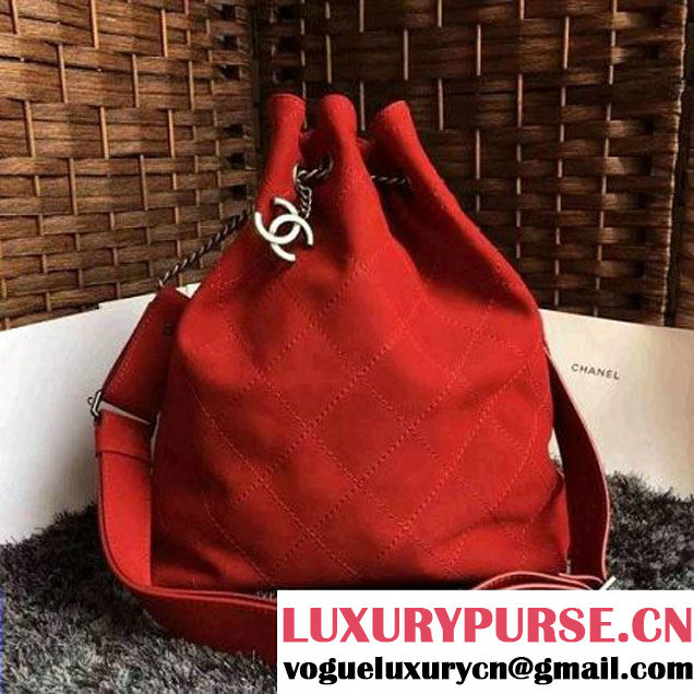 Chanel Suede Calfskin Drawstring Bucket Bag 2016 Paris Red (1a086-6052735 )