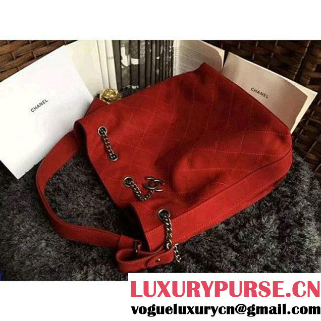 Chanel Suede Calfskin Drawstring Bucket Bag 2016 Paris Red (1a086-6052735 )