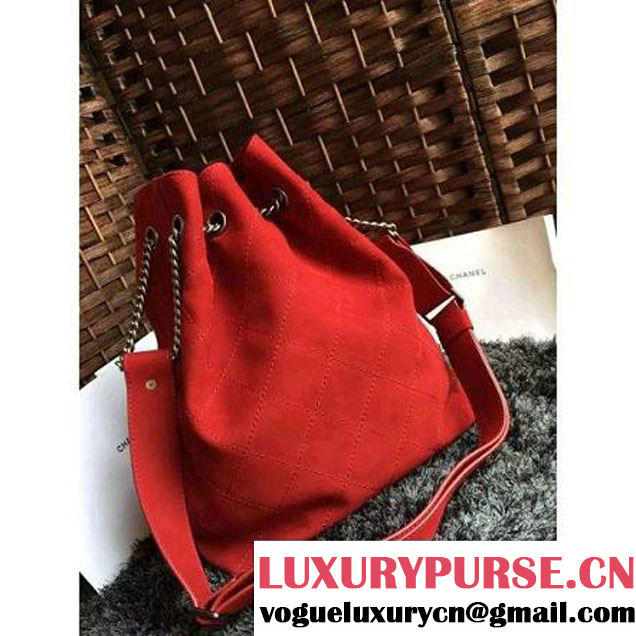 Chanel Suede Calfskin Drawstring Bucket Bag 2016 Paris Red (1a086-6052735 )
