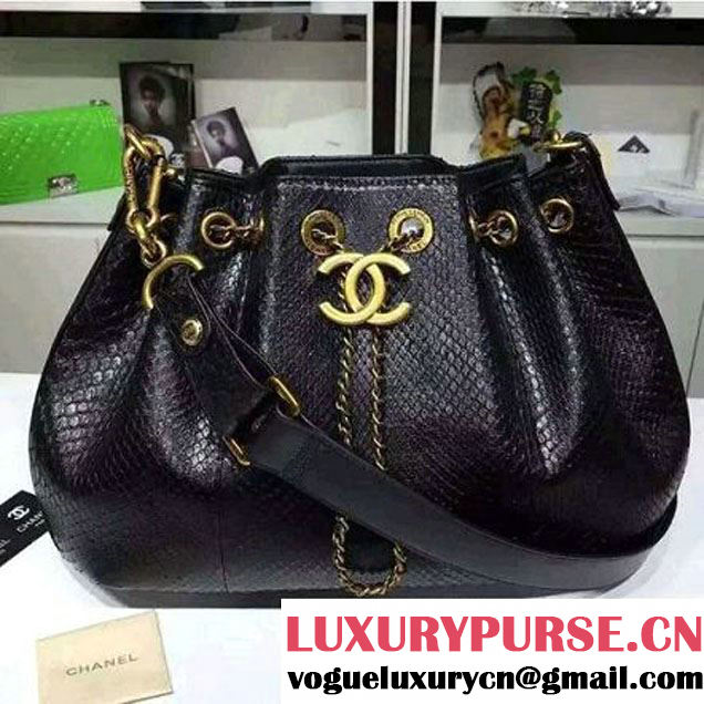 Chanel A93479 Python Leather Drawstring Bag Black 2016 (1A145-6070409 )