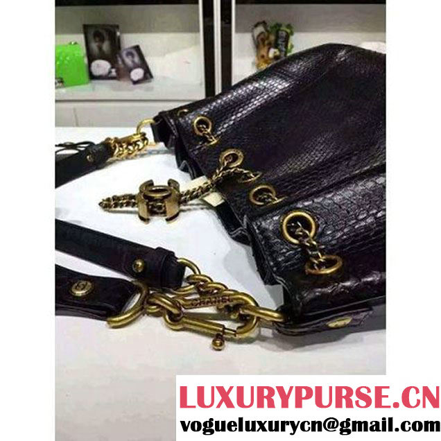 Chanel A93479 Python Leather Drawstring Bag Black 2016 (1A145-6070409 )