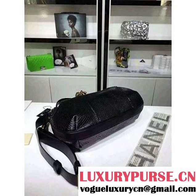 Chanel A93479 Python Leather Drawstring Bag Black 2016 (1A145-6070409 )